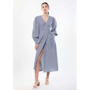 NEW Oak + Fort Blue Gingham Seersucker‎ Wrap Dress Long Sleeve Maxi Medium